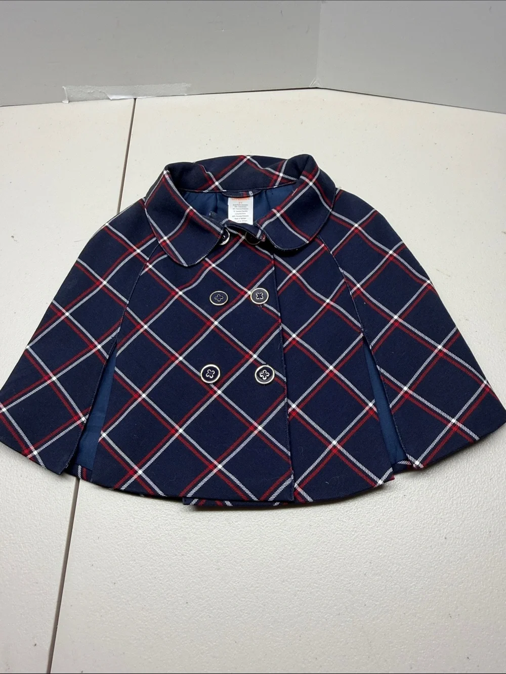 Gymboree Navy Plaid Double-Breasted Cape with Red and White Trim. NWOT